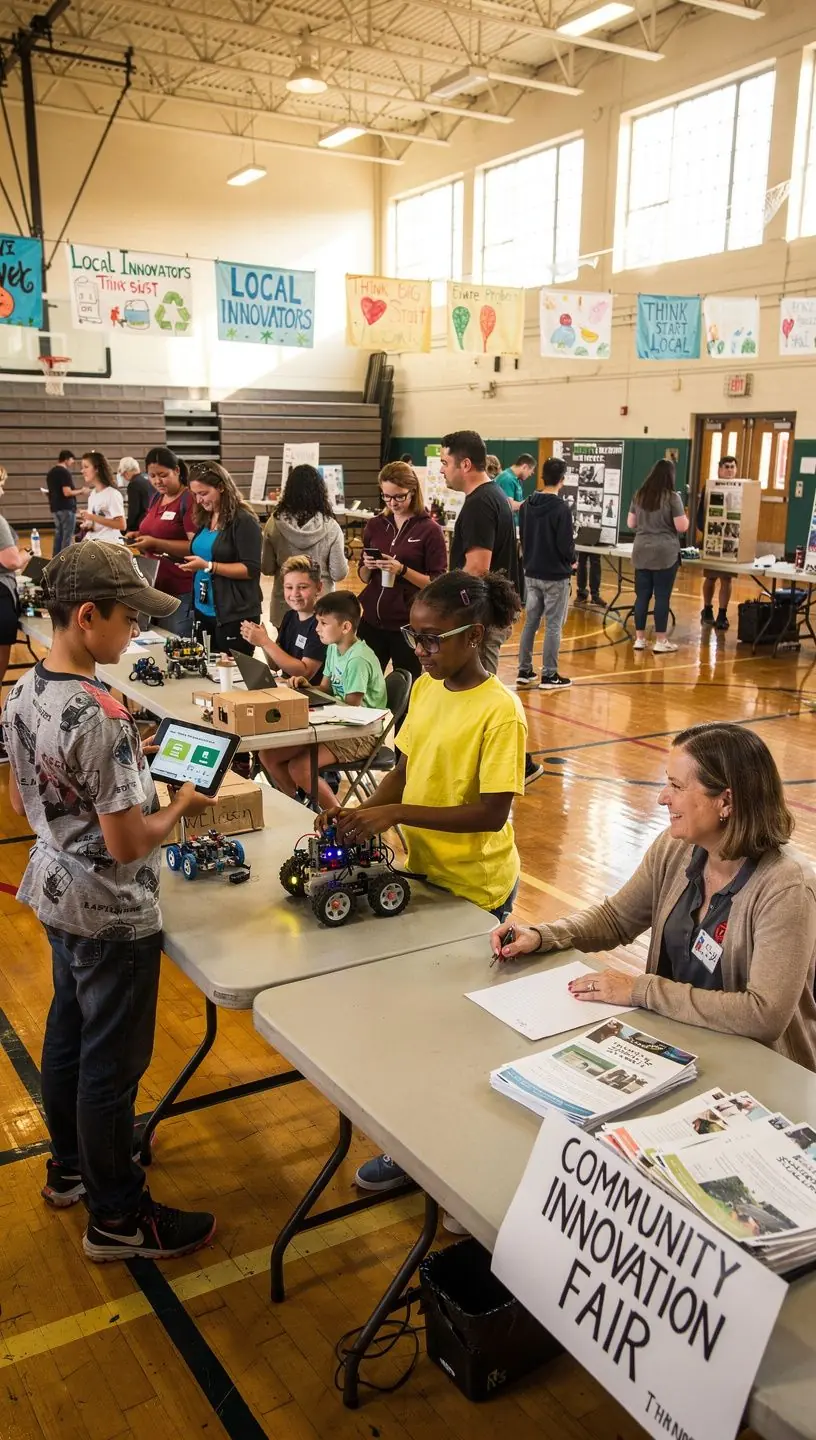 Modern community members collaborating on a neighborhood tech project using laptops and digital tools outdoors.