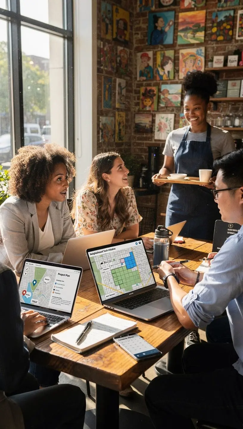 Close-up of a community bulletin board displaying flyers about new technological solutions improving local services.